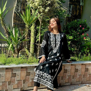 Elegant Black Linen Chikankari Embroidered Ladies Shirt